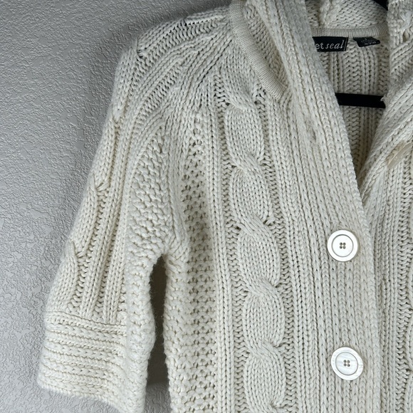 Wet Seal Cream Y2K 90s Cable Knit Button Down 3/4 Sleeve Hoodie Sweater Sz Small - Picture 2 of 6